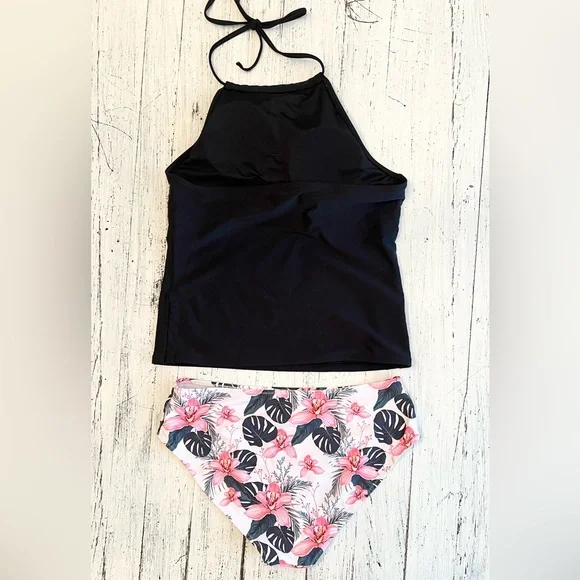 Beachsissi Black Halter Tankini with Floral Bikini Bottom Sz Large - Picture 3 of 7